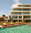The green entrance with swimming pool